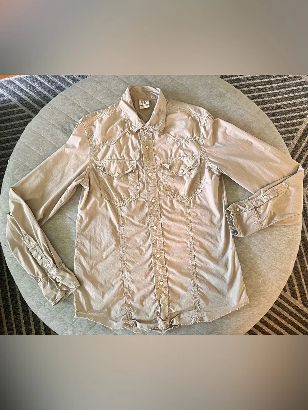TRUE RELIGION XXL Tan Cotton Western Pearl Snap Raw Hem Shirt